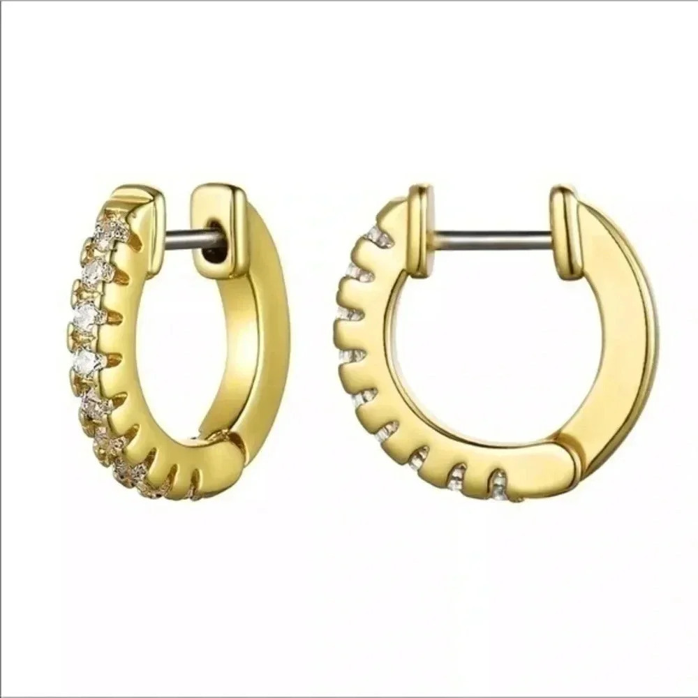 Unisex AAA Zircon Gold Tone Stainless Steel Huggie Hoop Hinge Earrings NWT